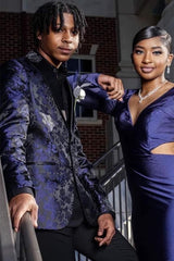 Dark Navy Jacquard Prom Suit with Black Peaked Lapel