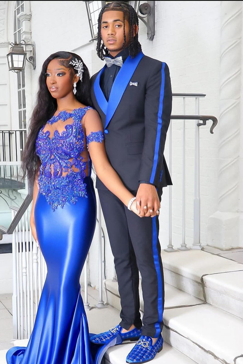 Black Prom Suits With Blue Shawl Lapel Ballbella