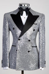 Silver Sequin Black Peaked Lapel Double-Breasted Men's Suit