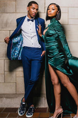 Dark Blue Shawl Lapel One-Button Prom Suit with Black Border