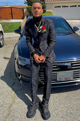 Black Jacquard Peaked Lapel Prom Suit