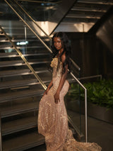 Pretty Gold Sweetheart Strapless Sleeveless Mermaid Prom Dresses Gem Column With Beads