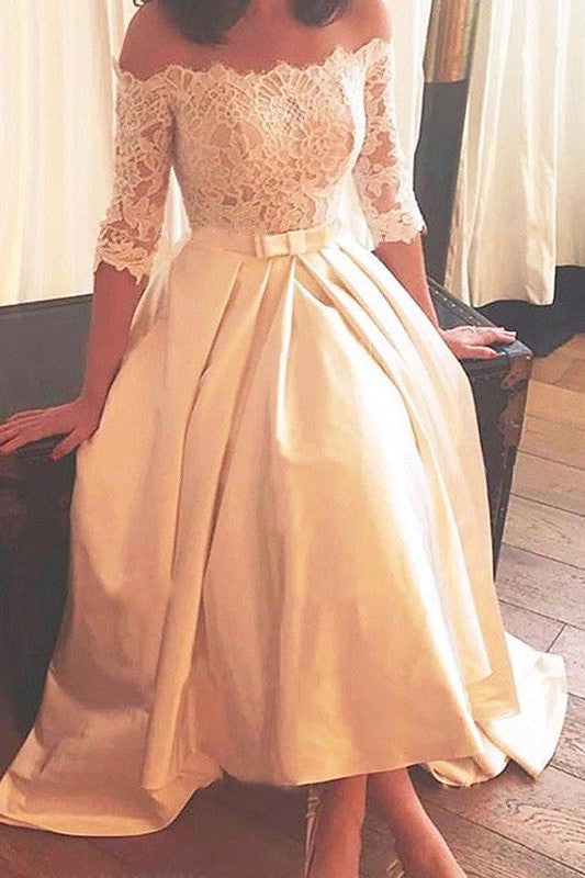 1/2 Sleeves Lace A Line Asymmetrical Sweep Train Satin Off the Shoulder Wedding Dresses 1/2 Sleeves Lace A Line Asymmetrical Sweep Train Satin Off the Shoulder Wedding Dresses