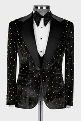 Luxury Black Velvet 3-Piece Prom Suit with Gold Beadings for Dinner