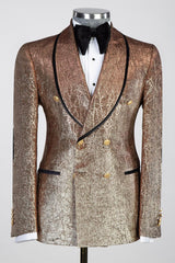 Khaki Shawl Lapel Jacquard Double-Breasted Wedding Suit