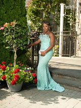 Glamorous Mint Strapless Sleeveless Mermaid Prom Dresses Column Long With Gem