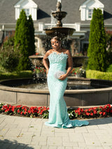 Glamorous Mint Strapless Sleeveless Mermaid Prom Dresses Column Long With Gem