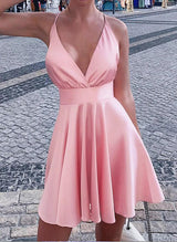 A-Line/Princess V-Neck Satin Sleeveless Short/Mini Homecoming Dresses With Bow(s) Pleated
