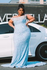 Elegant Blue Strapless Sleeveless Mermaid Prom Dresses Sheath Long With Gem