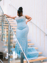 Elegant Blue Strapless Sleeveless Mermaid Prom Dresses Sheath Long With Gem