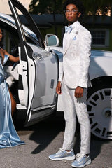 White Peaked Lapel Bespoke Jacquard Prom Suit