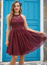 A-Line High Neck Sleeveless Tulle Lace Knee-length Homecoming Dress With Lace Pleated