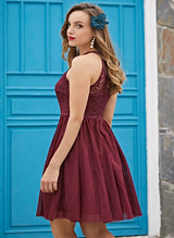 A-Line High Neck Sleeveless Tulle Lace Knee-length Homecoming Dress With Lace Pleated