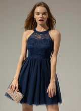 A-Line High Neck Sleeveless Tulle Lace Knee-length Homecoming Dress With Lace Pleated