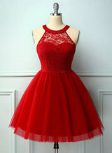 A-Line High Neck Sleeveless Tulle Lace Knee-length Homecoming Dress With Lace Pleated