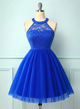 A-Line High Neck Sleeveless Tulle Lace Knee-length Homecoming Dress With Lace Pleated