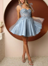 A-Line Sweetheart Sleeveless Short/Mini Tulle Homecoming Dresses With Appliques Lace