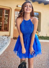 A-Line Halter Short/Mini Tulle Homecoming Dresses With Appliques Lace