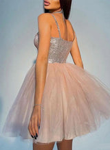 A-Line Sweetheart Sleeveless Short/Mini Tulle/Sequined Homecoming Dresses