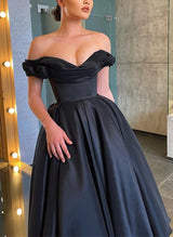 A-Line Off-The-Shoulder Satin Black Homecoming Dresses With Tea-Length