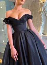 A-Line Off-The-Shoulder Satin Black Homecoming Dresses With Tea-Length