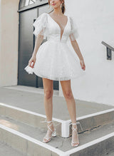 A-Line V-Neck Short Sleeves Short/Mini Sequined Homecoming Dresses