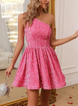 A-Line One-Shoulder Sleeveless Short/Mini Sequined Homecoming Dresses