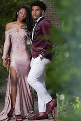 Mauve Velvet Prom Suit with Black Shawl Lapel and White Pants