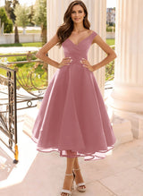 Simple Cap Shoulder A-Line Tea-Length Homecoming Dresses