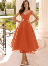 Simple Cap Shoulder A-Line Tea-Length Homecoming Dresses