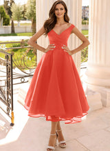 Simple Cap Shoulder A-Line Tea-Length Homecoming Dresses