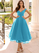 Simple Cap Shoulder A-Line Tea-Length Homecoming Dresses