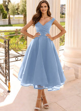 Simple Cap Shoulder A-Line Tea-Length Homecoming Dresses
