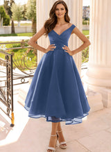 Simple Cap Shoulder A-Line Tea-Length Homecoming Dresses