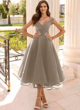 Simple Cap Shoulder A-Line Tea-Length Homecoming Dresses