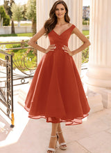 Simple Cap Shoulder A-Line Tea-Length Homecoming Dresses