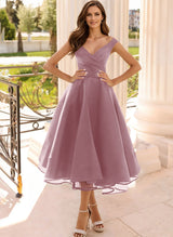 Simple Cap Shoulder A-Line Tea-Length Homecoming Dresses