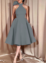 Ball-Gown Halter Sleeveless Satin(Non-Stretch) Homecoming Dresses With Bow(s)