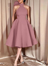 Ball-Gown Halter Sleeveless Satin(Non-Stretch) Homecoming Dresses With Bow(s)