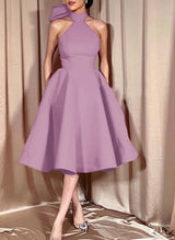 Ball-Gown Halter Sleeveless Satin(Non-Stretch) Homecoming Dresses With Bow(s)