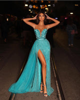 Chic Sweetheart Strapless Sleeveless Mermaid Prom Dresses Sheath With High Split