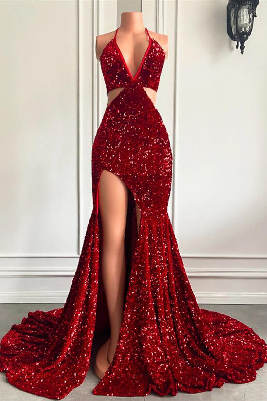Ballbella Red Sequins Prom Dress High Slit Halter