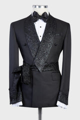 Sparkling Shawl Lapel Double-Breasted Black Wedding Suit with Belt