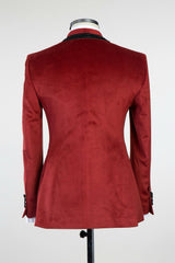 Dark Red Velvet Knitted Button Prom Suit with Black Chains