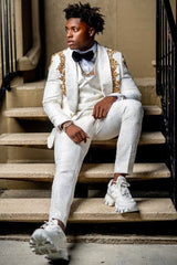 White Shawl Lapel 3-Piece Jacquard Prom Suit with Gold Beading