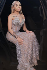 Sparkling V-Neck Strapless Sleeveless Mermaid Prom Dresses Column Long With Gem