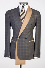 Dark Gray Plaid Business Suit with Double-Breasted Satin Lapel