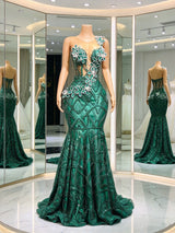 Unique Dark Green Sleeveless Mermaid Prom Dresses Floor Length Beading With Zipper Pleats