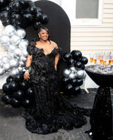 Charming Black Off-The-Shoulder Mermaid Sequin Prom Dresses Sheath Long With Flower