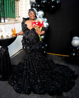 Charming Black Off-The-Shoulder Mermaid Sequin Prom Dresses Sheath Long With Flower